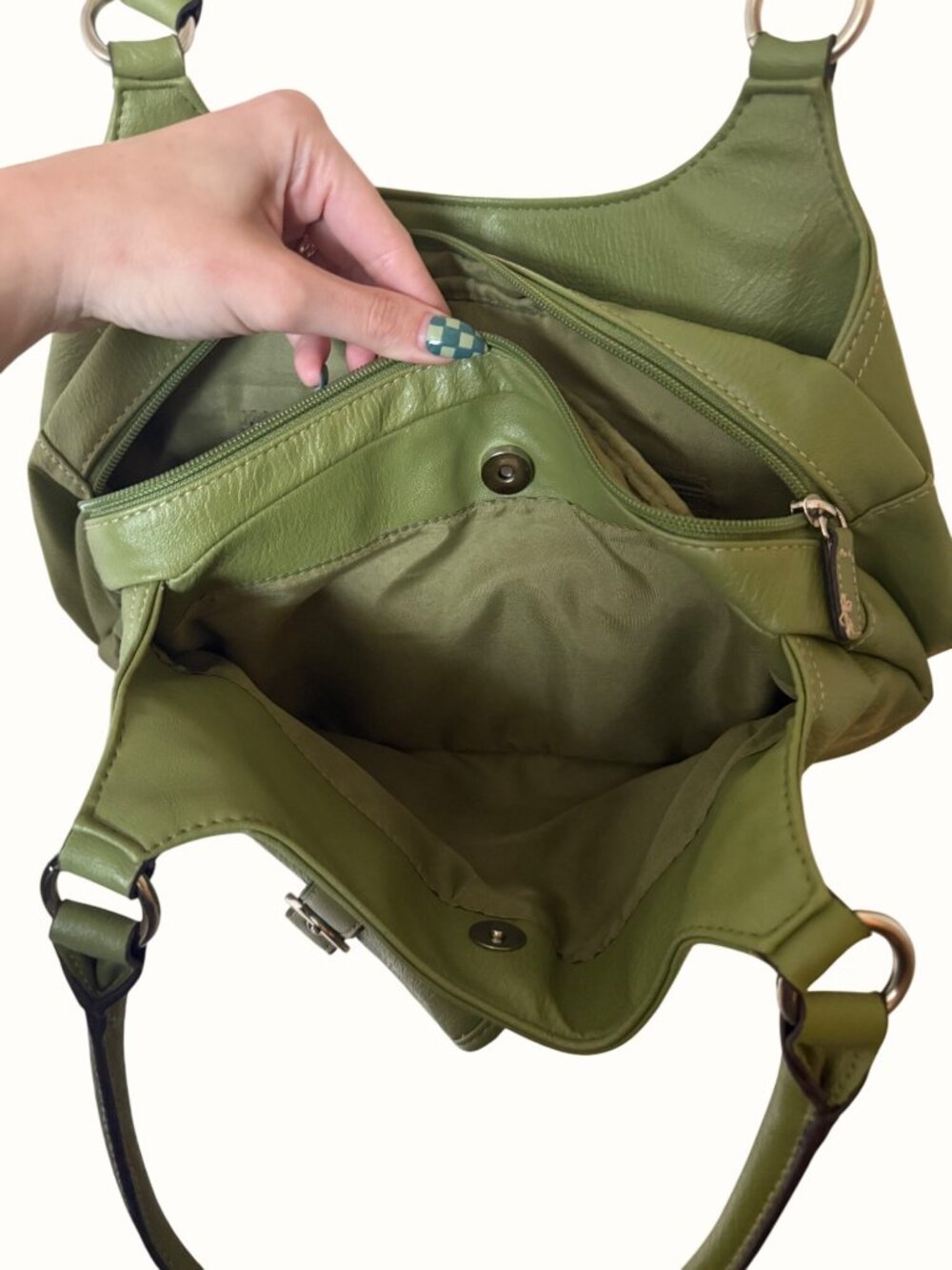 Merona Olive Green Faux Leather Shoulder Bag Gorgeous Bag w 2 Outer Pockets - Picture 4 of 9